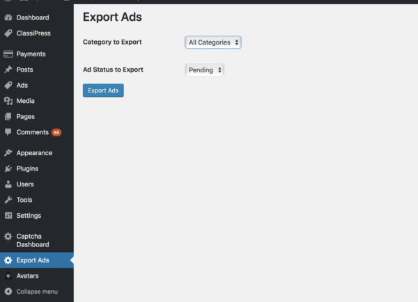 export ads csv classipress options